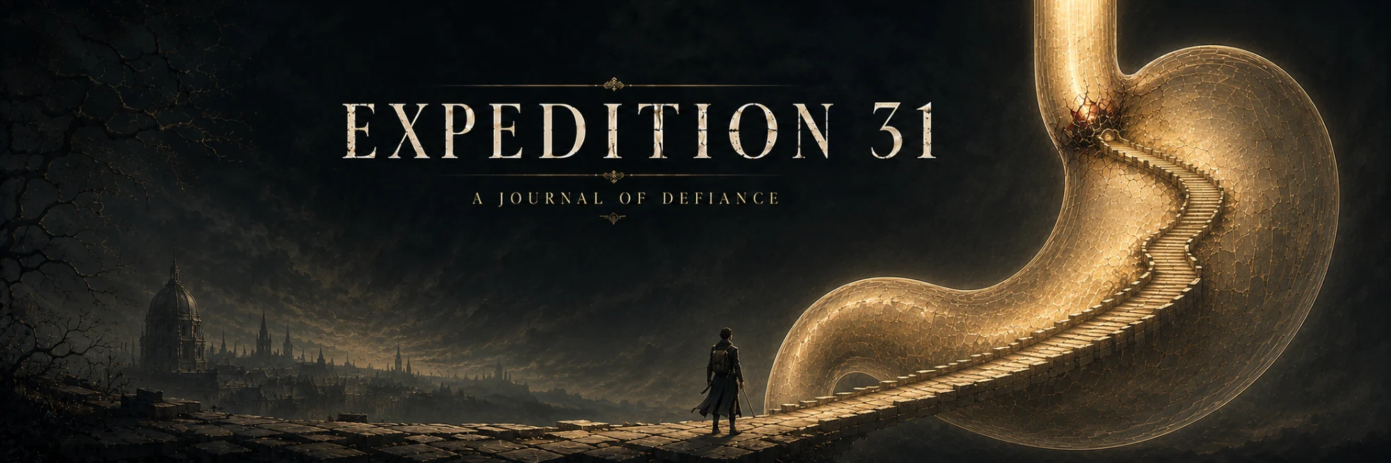 Expedition 31 banner: a traveler follows a staircase through a luminous stomach-shaped landscape.