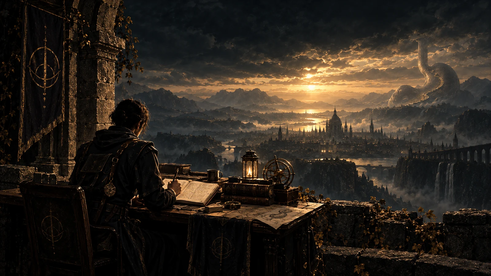 A traveler writing in a journal above a dark golden city.