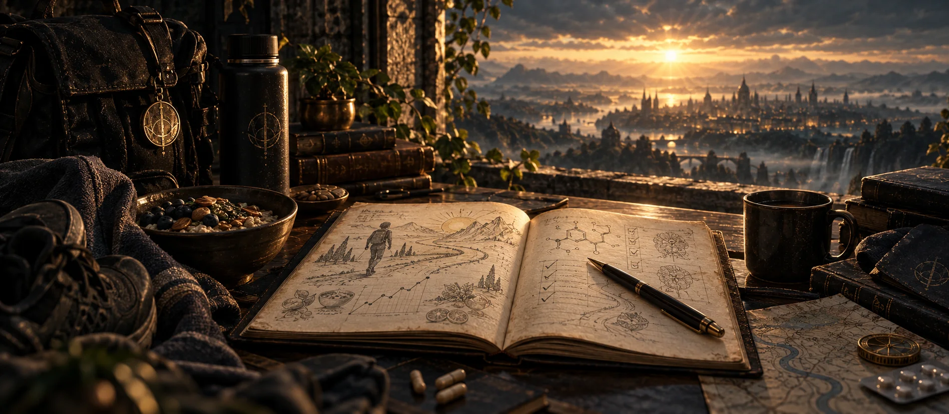 A dawn-lit expedition study with an open journal, treatment notes, walking gear, and a distant city.