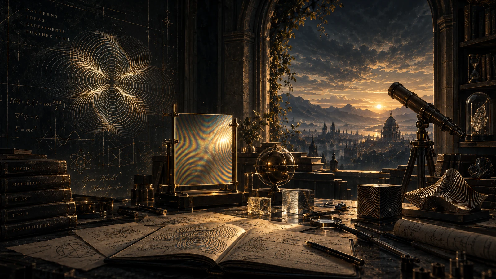 A dark scientific observatory filled with moiré patterns, notebooks, optical apparatus and a telescope.