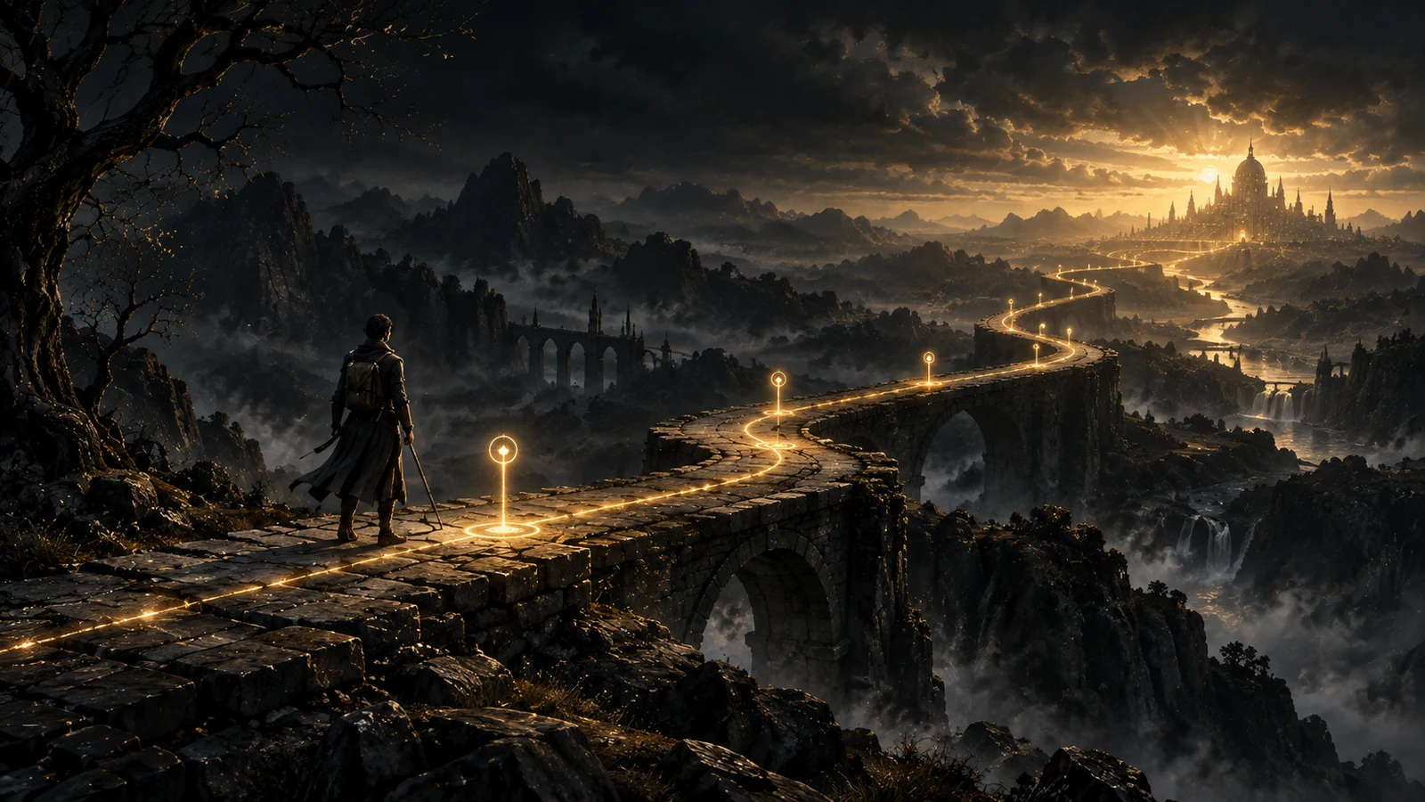 An illuminated road with milestones crossing a dark landscape toward a distant city.